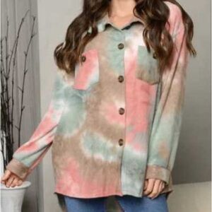 🔥5for$25🔥 Fantastic Fawn Fuzzy Tie Dye Shacket Button Up Shirt Jacket Boho